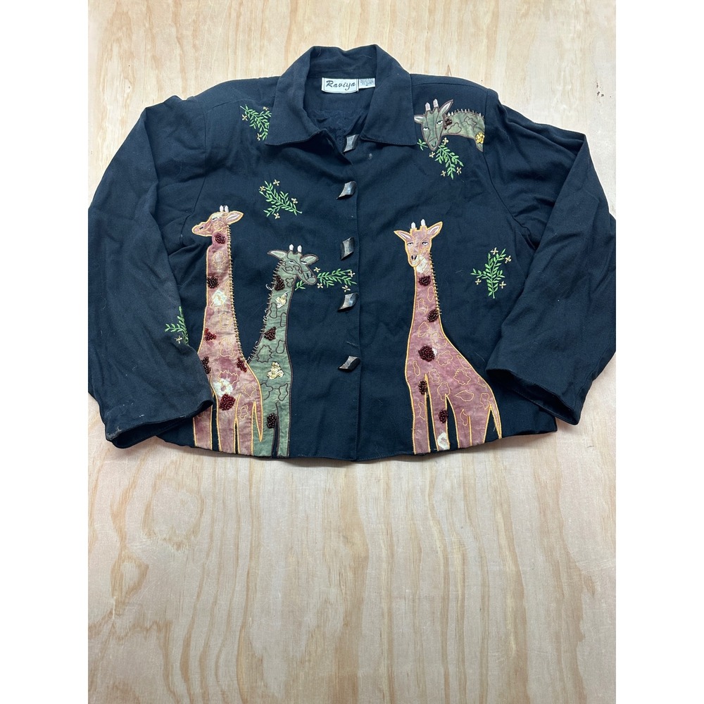 Raviya Giraffe Beaded Embroidered‎ Jacket Womens Medium Black Art to Wear Boho